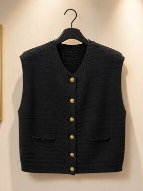 rag & bone Black Knit Sleeveless Cardigan with Gold Buttons